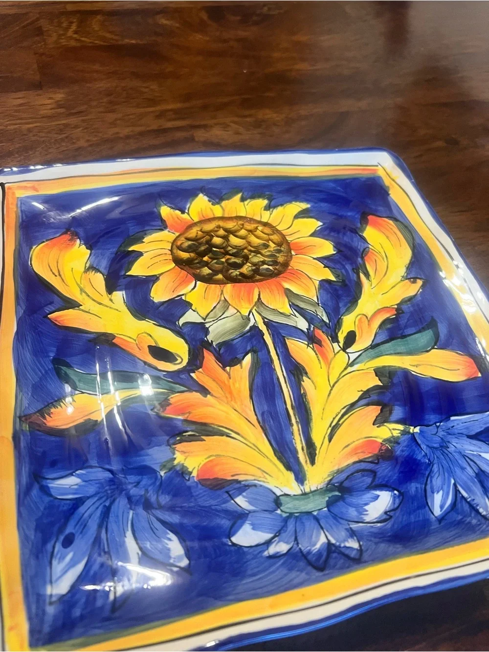 Tuscan Sunflower Dinner Plates Set of 2 10in Square Ceramic Floral Blue Yellow